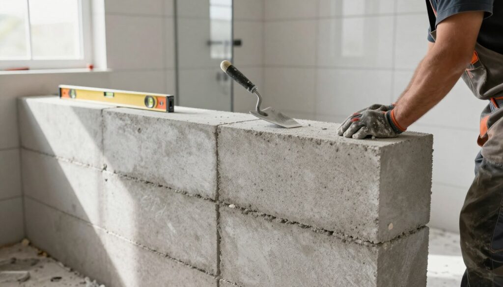 An interior construction scene showcasing the use of autoclaved aerated concrete (AAC) in wet construction. In the foreground, a partially constructed wall framework with AAC blocks being stacked and fitted together by a skilled worker wearing safety gear and professional attire. The middle ground features tools like a trowel and level, with light streaming through a nearby window casting soft shadows, adding depth. The background consists of a modern bathroom setting with a framed wall ready for tiling, emphasizing the integration of AAC in home renovation. The atmosphere is focused and industrious, with an emphasis on precision and quality in construction. Bright yet soft lighting highlights the textures of the AAC blocks, creating a clean and inviting space. An interior construction scene showcasing the use of autoclaved aerated concrete (AAC) in wet construction. In the foreground, a partially constructed wall framework with AAC blocks being stacked and fitted together by a skilled worker wearing safety gear and professional attire. The middle ground features tools like a trowel and level, with light streaming through a nearby window casting soft shadows, adding depth. The background consists of a modern bathroom setting with a framed wall ready for tiling, emphasizing the integration of AAC in home renovation. The atmosphere is focused and industrious, with an emphasis on precision and quality in construction. Bright yet soft lighting highlights the textures of the AAC blocks, creating a clean and inviting space.