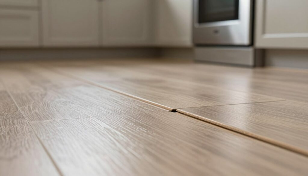 An interior kitchen scene featuring a close-up view of vinyl flooring with visible gaps between the panels, showcasing inadequate expansion joints. The flooring should be glossy and textured, indicating the material’s quality, while the surrounding kitchen elements, like cabinets and appliances, are in soft focus in the middle ground. The background includes muted wall colors, with warm, subtle lighting that suggests a cozy atmosphere. The angle should be slightly elevated to emphasize the flooring issues while maintaining a professional aesthetic. The overall mood conveys a sense of caution regarding flooring installation and the potential risks of neglecting expansion space beneath kitchen cabinets.