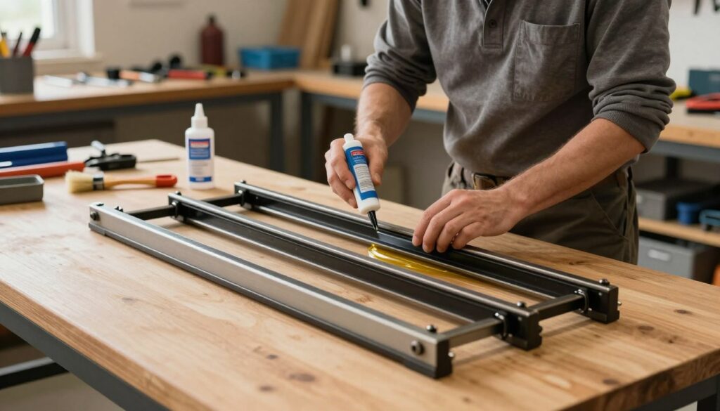 An organized workspace showcasing the maintenance of roller slides for drawers. In the foreground, a set of well-maintained roller slides on a clean, wooden workbench, gleaming with careful lubrication. In the middle ground, a skilled technician in modest casual clothing is applying lubricant to the slides, demonstrating precision and care. Tools like a small brush and lubricant can are positioned neatly nearby. The background features a well-lit workshop with shelves holding various tools and spare parts, emphasizing a sense of professionalism and dedication to craftsmanship. Soft, warm lighting creates an inviting atmosphere, while a shallow depth of field focuses attention on the technician and the roller slides, highlighting the importance of maintenance for smooth drawer operation.