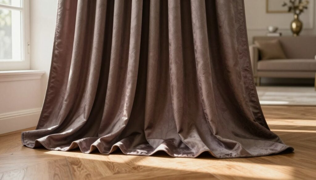 Elegant floor-length curtains gracefully sprawled on a polished wooden floor, showcasing rich fabric textures. The soft, flowing drapes in luxurious, deep hues create a sense of depth, with intricate patterns subtly highlighted by gentle sunlight streaming in through nearby windows. In the foreground, the folded fabric forms natural waves, inviting the viewer to imagine their weight and softness. In the middle ground, an understated, neutral-toned interior complements the curtains, with hints of light filtering through to enhance the warm atmosphere. The background features a blurred view of elegant décor, adding a cozy ambiance, while the overall scene is softly lit, evoking a serene and inviting mood, perfect for illustrating the aesthetic and functional aspects of curtain design. Elegant floor-length curtains gracefully sprawled on a polished wooden floor, showcasing rich fabric textures. The soft, flowing drapes in luxurious, deep hues create a sense of depth, with intricate patterns subtly highlighted by gentle sunlight streaming in through nearby windows. In the foreground, the folded fabric forms natural waves, inviting the viewer to imagine their weight and softness. In the middle ground, an understated, neutral-toned interior complements the curtains, with hints of light filtering through to enhance the warm atmosphere. The background features a blurred view of elegant décor, adding a cozy ambiance, while the overall scene is softly lit, evoking a serene and inviting mood, perfect for illustrating the aesthetic and functional aspects of curtain design.