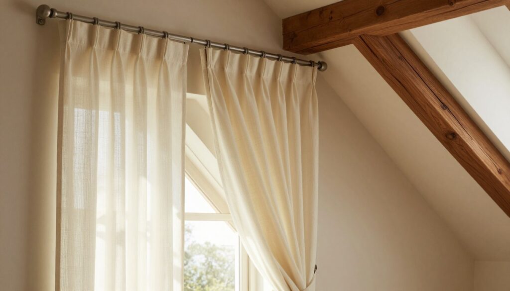 In a cozy attic setting, a beautifully designed angled window features elegant, tailored curtains that perfectly fit the slanted walls, showcasing solutions to prevent fabric slippage. The curtains, made of lightweight, textured fabric, gracefully drape along the slope, accented by subtle tiebacks that hold them in place. Soft, warm light filters through the window, casting gentle shadows and creating an inviting atmosphere. In the foreground, a stylish curtain rod with discreet brackets is visible, emphasizing practicality and chic design. In the background, rustic wooden beams add character, enhancing the overall cozy aesthetic. The scene conveys a harmonious blend of function and style, ideal for illustrating effective solutions for angled curtains in attic spaces. In a cozy attic setting, a beautifully designed angled window features elegant, tailored curtains that perfectly fit the slanted walls, showcasing solutions to prevent fabric slippage. The curtains, made of lightweight, textured fabric, gracefully drape along the slope, accented by subtle tiebacks that hold them in place. Soft, warm light filters through the window, casting gentle shadows and creating an inviting atmosphere. In the foreground, a stylish curtain rod with discreet brackets is visible, emphasizing practicality and chic design. In the background, rustic wooden beams add character, enhancing the overall cozy aesthetic. The scene conveys a harmonious blend of function and style, ideal for illustrating effective solutions for angled curtains in attic spaces.